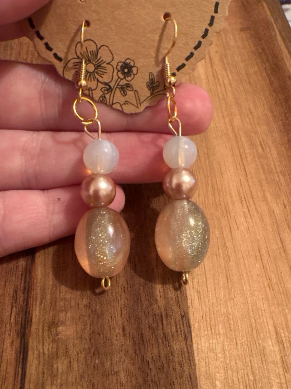 Handmade Gold Pearl & Iridescent Beaded Drop Earrings